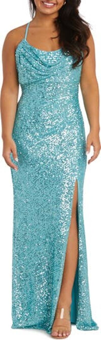 Morgan & Co. Sequined Teal Cowl Neck Crossback Gown Size 7